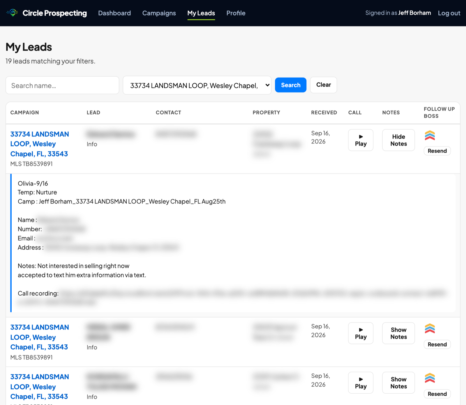 Jeff Borham’s My Leads page for the Landsman Loop campaign: 19 leads, each with a Play button for the call recording, caller notes and a Follow Up Boss column